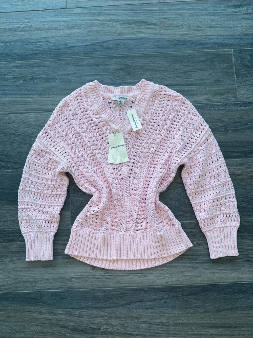 Tommy Bahama Pastel Pink Open-Knit V-Neck Sweater